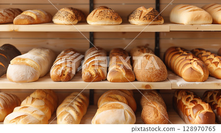 Close-up of various fresh breads displayed artistically on bakery shelves 128970765