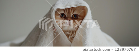 Adorable fluffy cat wrapped in a white towel against a calm gray background 128970767