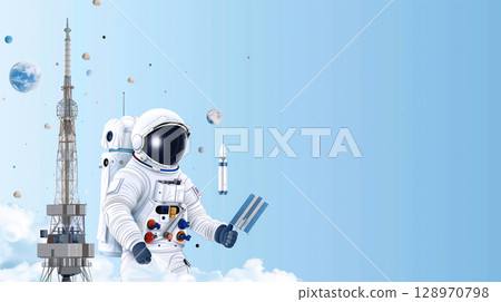 Happy cosmonautics day greeting card illustration celebrating space exploration with copy space 128970798