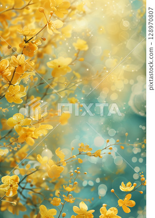 Vibrant yellow flowers on tree branches with soft blurred background Vibrant yellow flowers on tree branches with soft blurred background 128970807