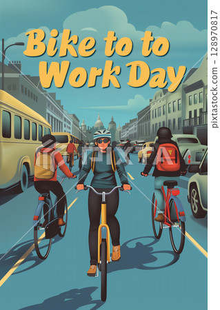 Illustration of a bicycle with text: celebrate bike to work day greeting card design 128970817