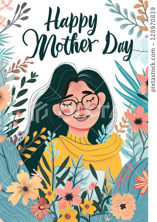 Heartwarming illustration of a mother's day greeting card with a happy message Heartwarming illustration of a mother's day greeting card with a happy message 128970819