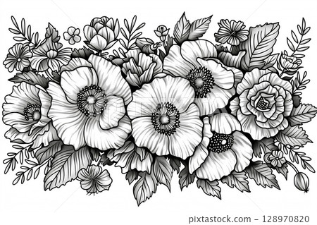 Intricate black and white ink drawing of detailed botanical flowers in hand-drawn style 128970820