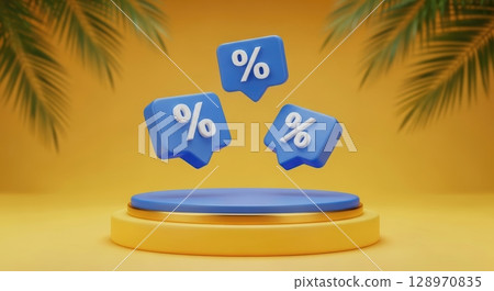 3D rendering of three percentage signs above a blue podium on a yellow background with palm shadows, symbolizing discounts 128970835