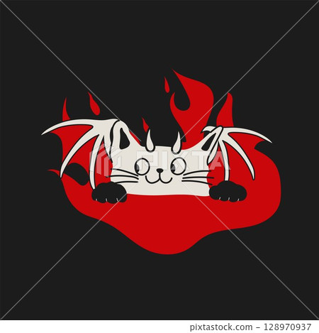 Gothic Cat Demon with Bat Wings and Fire 128970937