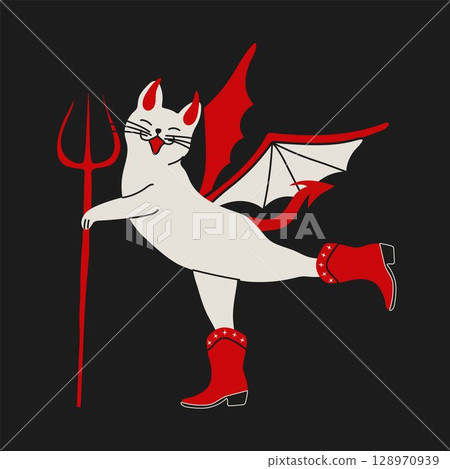 Fantasy Demon Cat in Red Boots Holding Trident Fantasy Demon Cat in Red Boots Holding Trident 128970939