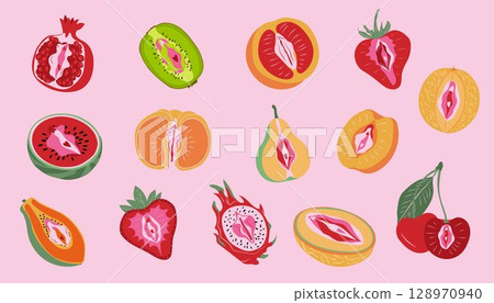 Colorful illustration of various sliced fruits creatively designed with abstract feminine symbols in a modern artistic style Colorful illustration of various sliced fruits creatively designed with abstract feminine symbols in a modern artistic style 128970940