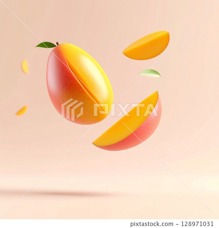 Arrangement of Sliced Mango Pieces with Green Leaves on a Beige Background 128971031