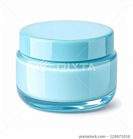 Light Blue Cosmetic Cream Jar on White Background for Beauty Treatment Light Blue Cosmetic Cream Jar on White Background for Beauty Treatment 128971038