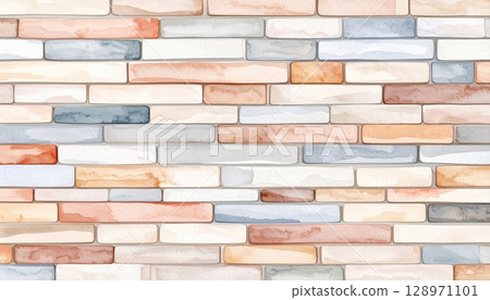 Detailed Multicolored Brick Wall Texture with Artistic Watercolor Design 128971101