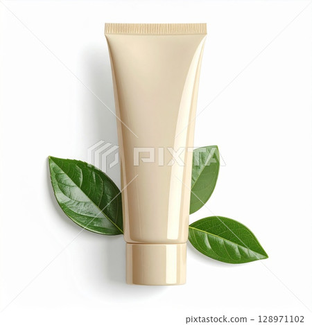 Beige Cream Tube with Green Leaves on White Background for Beauty Product 128971102