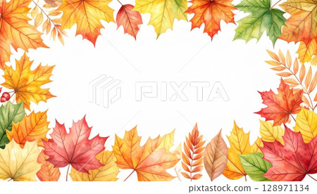 Autumn Watercolor Border with Colorful Maple Leaves Frame on White Background 128971134