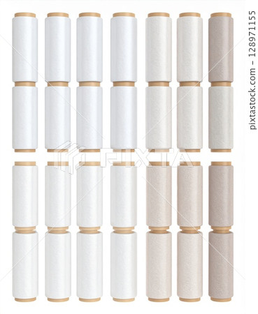 Stacks of Plastic Stretch Wrap Rolls in White and Brown Color on White Background 128971155