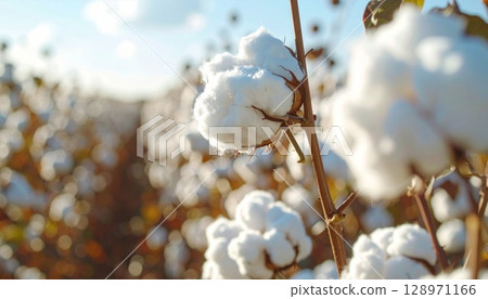 Close Up Focus on White Cotton Blossoms Against Blue Sky in Rural Field 128971166