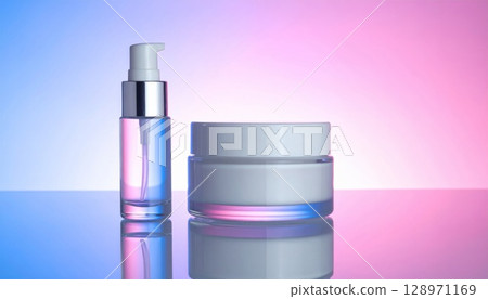 Cosmetic Products on Reflective Surface with Gradient Pink and Blue Background Cosmetic Products on Reflective Surface with Gradient Pink and Blue Background 128971169