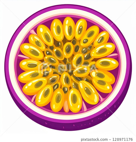 Sectional Passion Fruit with Golden Seeds and Purple Skin on White Background 128971176