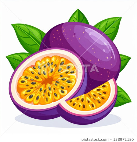 Passion Fruits with Green Leaves Purple Skin and Yellow Pulp Pixel Art Passion Fruits with Green Leaves Purple Skin and Yellow Pulp Pixel Art 128971180