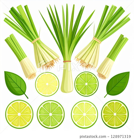 Vibrant Lemongrass Bundles and Lime Slices on White Background in Flat Lay 128971319