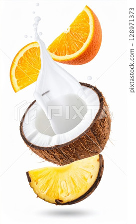 Vibrant Coconut Milk Splash with Orange and Pineapple Slices on White Background Vibrant Coconut Milk Splash with Orange and Pineapple Slices on White Background 128971373