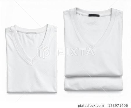 Two Folded White V Neck T Shirts Apparel Isolated on White Background Close Up 128971406