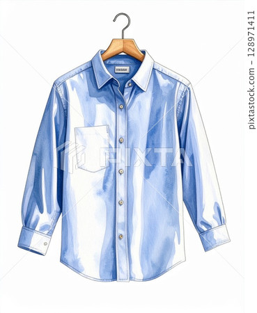 Watercolor Illustration of a Light Blue Button Down Shirt on Hanger Isolated 128971411