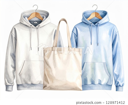 White and Blue Hoodies with Natural Cotton Tote Bag on Hangers Mockup 128971412