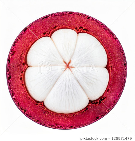 Sliced Mangosteen Fruit Exhibiting Purple Rind and White Flesh on White Backdrop 128971479