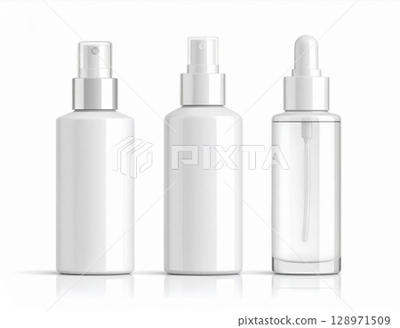 Three White Cosmetic Bottles Mockups With Sprayers And Dropper on White Background 128971509