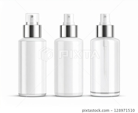 Three White Spray Bottles with Silver Caps Isolated on White Backgrounds 128971510