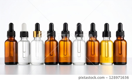 Collection Of Amber and White Glass Dropper Bottles in a Row on White Background 128971636