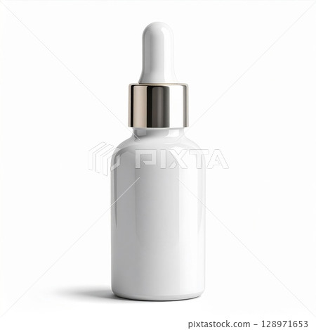 Close Up of White Glass Dropper Bottle with Golden Cap for Cosmetic Oil Close Up of White Glass Dropper Bottle with Golden Cap for Cosmetic Oil 128971653