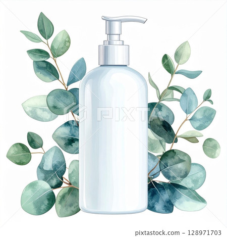 White Pump Bottle with Green Eucalyptus Leaves Watercolor Illustration on White Background 128971703