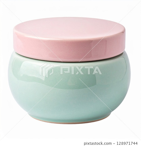 Pastel Green Ceramic Jar with Pink Lid Isolated on White Background 128971744