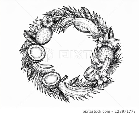 Monochrome Fruit Wreath with Coconuts and Bananas on White Background 128971772