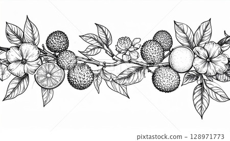 Detailed Monochrome Sketch of Berries and Leaves on Branches Against White Background 128971773