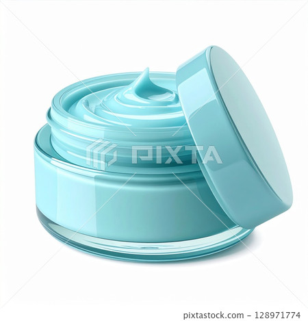Teal Cream Jar with Open Lid on White Background For Skin Care 128971774
