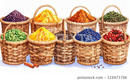 Wicker Baskets Filled with Colorful Spices and Herbs on White Background Still Life 128971786