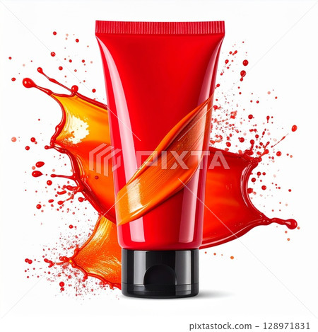 Vibrant Red Tube with a Dynamic Orange Paint Splash on White Background 128971831