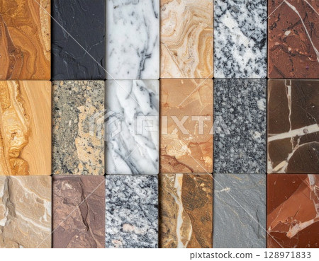 Assorted Marble Stone Textured Backgrounds in Earth Tones and Varied Patterns 128971833