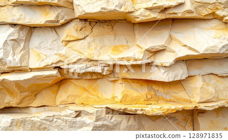 Close Up of Stacked Beige and Brown Sandstone Wall Texture in Natural Light 128971835