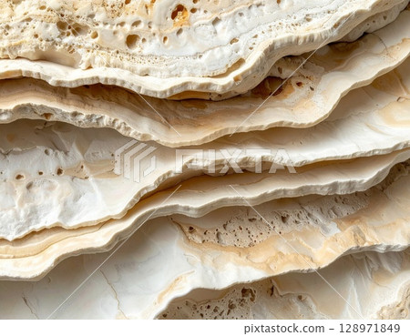 Tan and White Marbled Stone Layers with Rough Texture Detailed Close Up 128971849