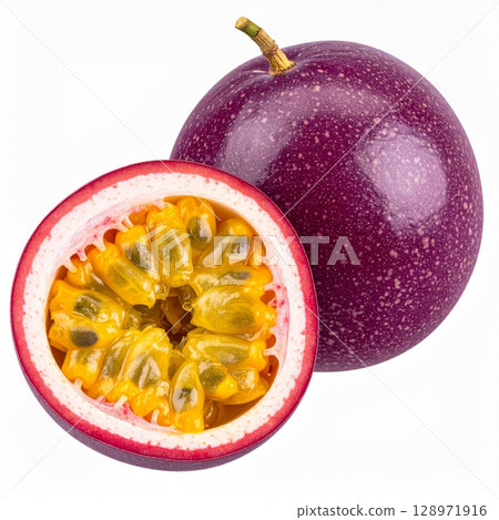 Passion Fruit Cut in Half Exhibiting Yellow Pulp on White Background Studio Shot 128971916