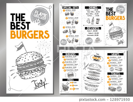 The best burgers menu - trifold leaflet template - letter format (8,5 x 11 inches) - vector illustration 128971930