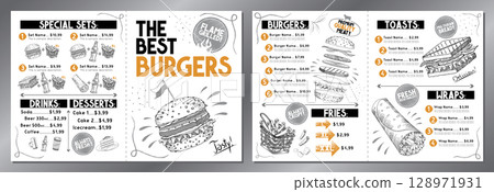 The best burgers - menu card template - letter format x2 (8,5 x 11 inches x2) - vector illustration The best burgers - menu card template - letter format x2 (8,5 x 11 inches x2) - vector illustration 128971931
