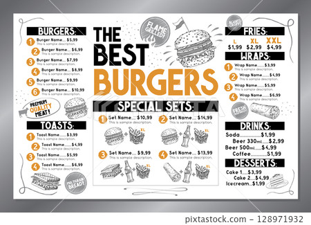 The best burgers - table menu card template - tabloid, ledger format (11 x 17 inches) - vector illustration The best burgers - table menu card template - tabloid, ledger format (11 x 17 inches) - vector illustration 128971932
