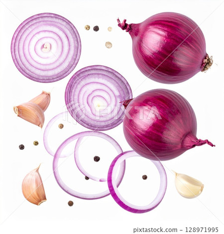 Overhead of Red Onions Garlic and Peppercorns on White Background Still Life 128971995