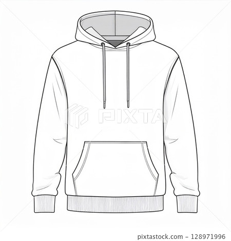 White Hoodie Isolated Front View with Drawstrings Pocket and Ribbed Hem Sleeves 128971996