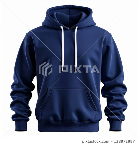 Navy Blue Hoodie with Drawstrings Isolated on White Background Studio Shot 128971997