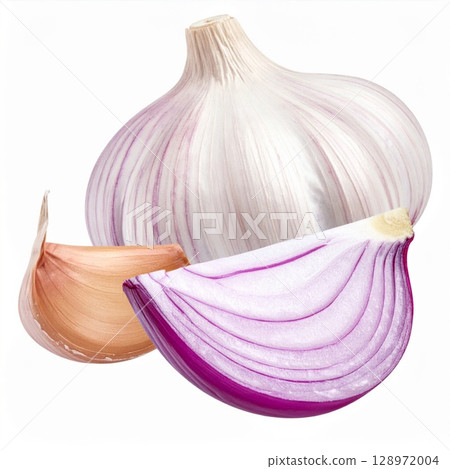 Fresh Garlic Bulb and Purple Onion Slice with Single Clove on White Background 128972004