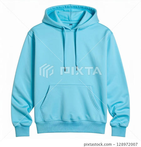 Light Blue Pullover Hoodie with Drawstrings and Pocket on White Background Light Blue Pullover Hoodie with Drawstrings and Pocket on White Background 128972007